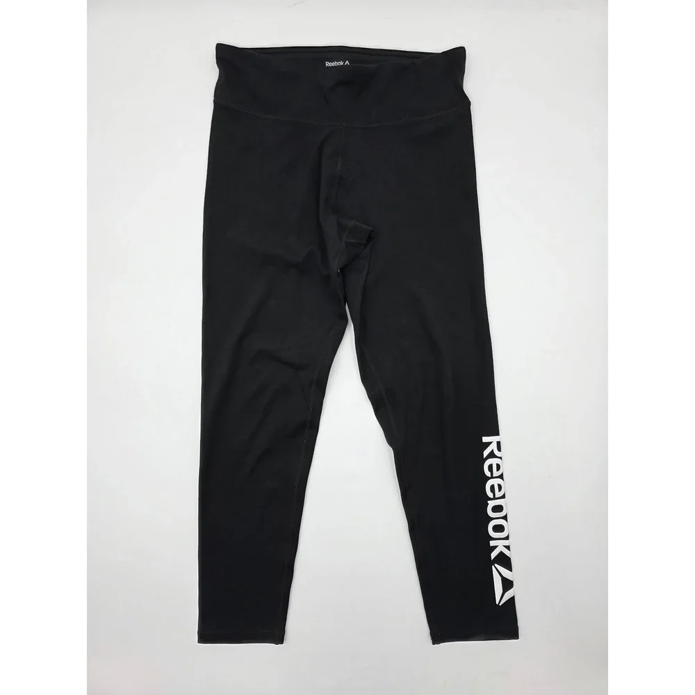 Reebok Kids Black Athletic Leggings Capri Logo Print Size 14 16‎ XL TG